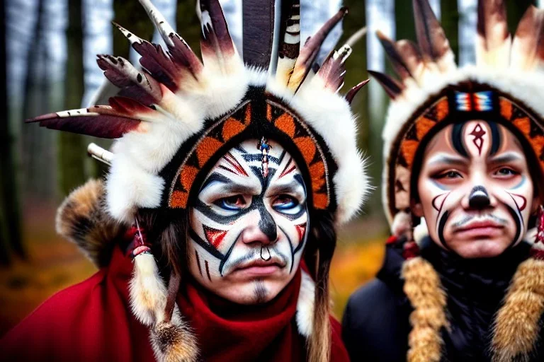 Northern Native people, indigenous, birch-bark in the face of Kekripukki, Scary Horns, Midwinter, Ghost, Mystic, Haunted Children, Witch, Wizard, Sage, Traditional Costumes, Full Face Painted colorfully. Arctic Hills, Strange Forest, Haunting Atmosphere, Crazy