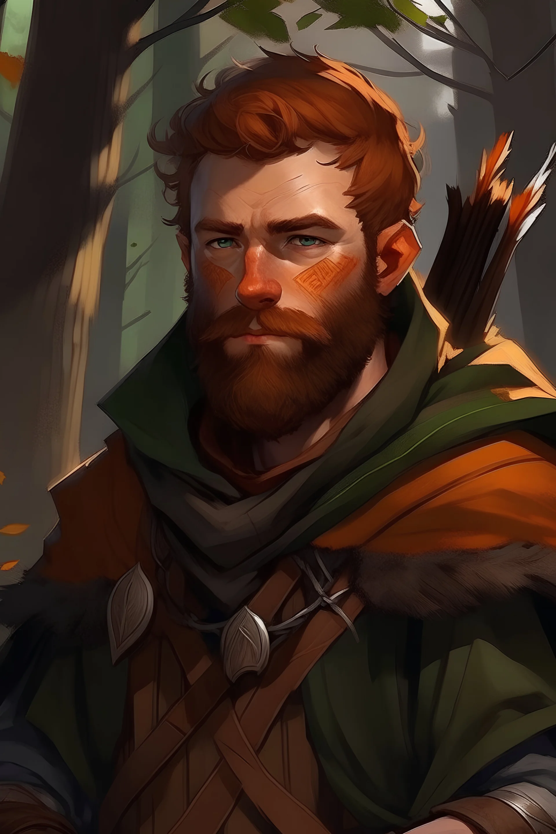 human, male, dnd, rpg, druid, crossbow, portrait, leather armor, cloak, ginger, short hair, scruffy beard, rugged