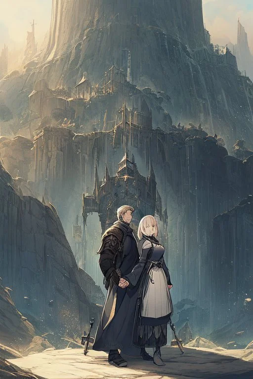 Only one guy and a girl are standing on the edge of a cliff and holding hands