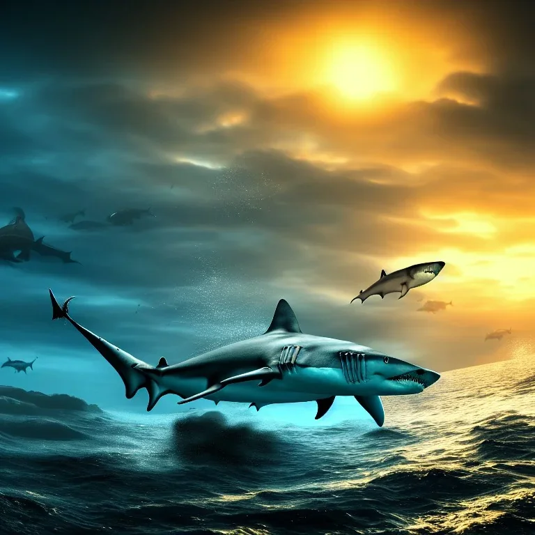 seascape,8k quality, highly detailed, dynamic lighting, light difusion,sunrise in t, futurihe ocean, post-apocalyptic, robotic shark