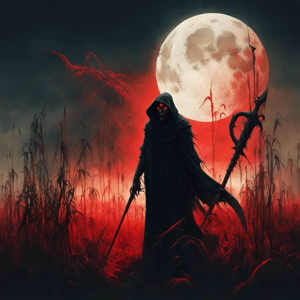 double exposure silhouette of brilliant fantastical cloaked Grim Reaper with red glowing eyes, moon rising over field of cornstalks, dark-gold scythe with red drip, Eldritch aesthetic, by Zdzislaw Beksinski, by Aeron Alfrey, by Russ mills, intricately detailed, complex contrast, dynamic composition; cinematic lighting; meticulously composed concept art, masterpiece, macabre, sinister, grand design