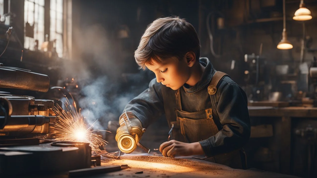 little boy, above the waist, perfect eyes, welding in workshop, exquisite composition, beautiful detailed intricate insanely detailed octane render trending on artstation, 8k artistic photography, photorealistic concept art, soft natural volumetric cinematic perfect light, chiaroscuro, award-winning photograph, masterpiece, raphael, caravaggio, greg rutkowski, beeple, beksinsk