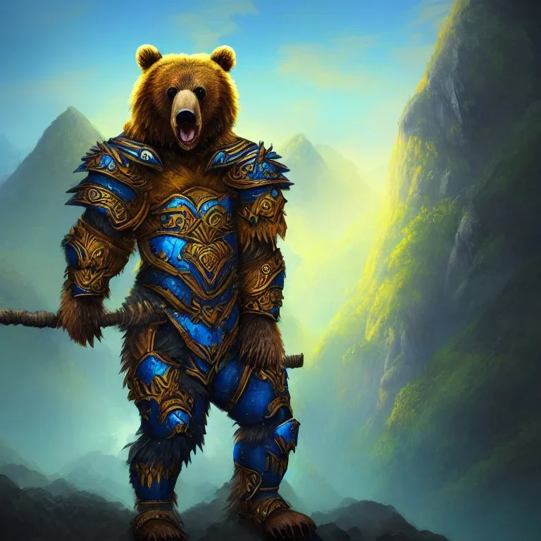 An angry bear warrior in blue and gold armor, background of Inka jungle, high detail, smooth, realistic, digital illustration, Artstation, artgerm,