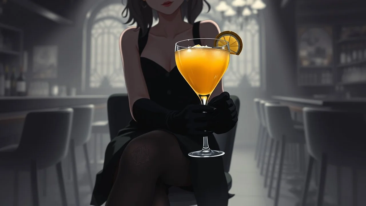 gray-toned, contrasting graphics, a lady in a black casual dress, black lace nice nylon stockings sitting on a bar chair in bar, holding a yellow mimosa cocktail in her long black gloved hand, atmospheric, strong contrasts, shadowy background, focus on the hand holding the cocktail, moody, pale ligts, anime style, cinematic