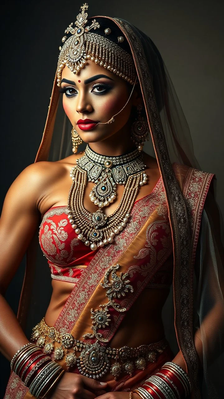 An opulently toned Indian bodybuilding bride, every muscle sharply defined under intricate bridal attire. The elaborate bridal makeup enhances her features, bringing out a radiance that captivates. Whether in a photograph or painting, the image exudes elegance and strength. Her vibrant attire and meticulously styled hair add to the overall impression of beauty and power, making this image a stunning example of exceptional craftsmanship and artistry.