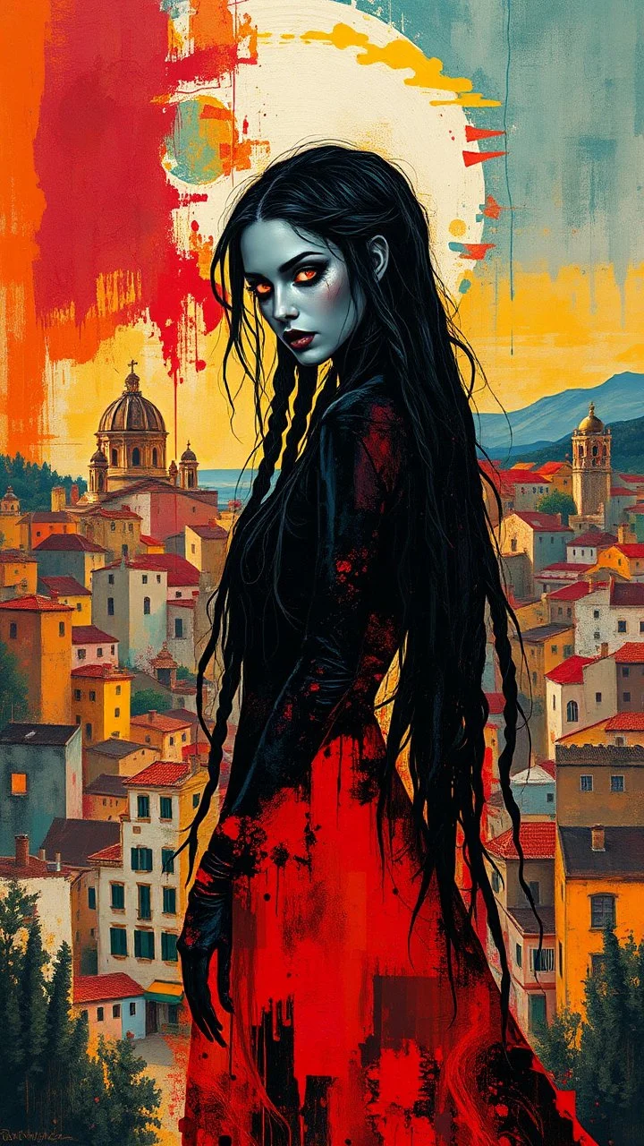 full body, wildly stylized abstract realist painting of a bold, audacious female vampire with highly detailed long dark braided hair and facial features and glowing eyes in the style of Jeremy Mann, her silhouette residing amidst bold, attention-grabbing abstract design that's defined by a wash of vibrant, highly saturated natural hues, juxtaposed against stark, surrealist medieval Spanish landscape of bustling colored cityscapes