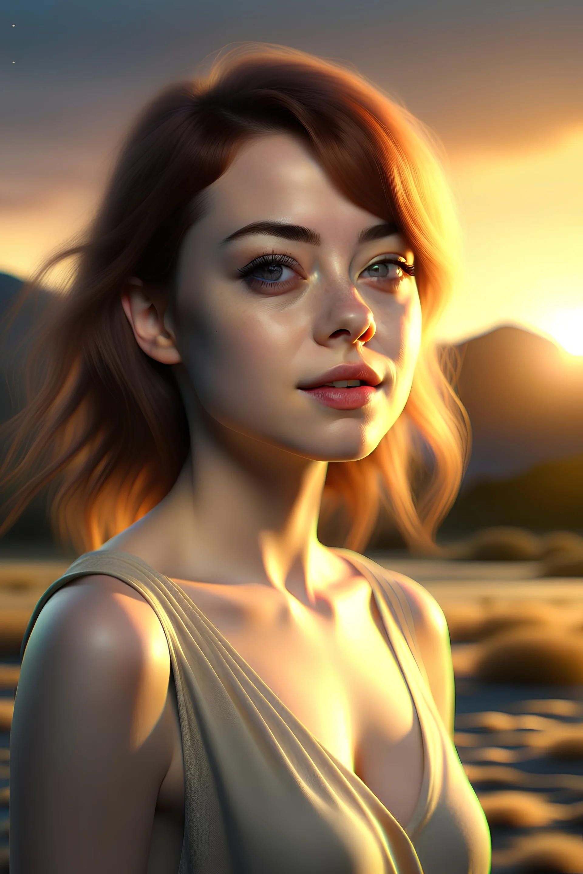 Digital art, high quality, digital masterpiece, natural illumination, spotlight, sunset, realistic, film style, beautiful, (full body:3), (1 beautiful young Emma Stone standing, wearing atractive pajamas:3), (cute femenine face:1.8), (sexy eyes:1.6), (playful smile:1.4),pale skin, (atractive pajamas), (dark brown hair:1.8), (Doorframe:1.8), (Bedroom:2)