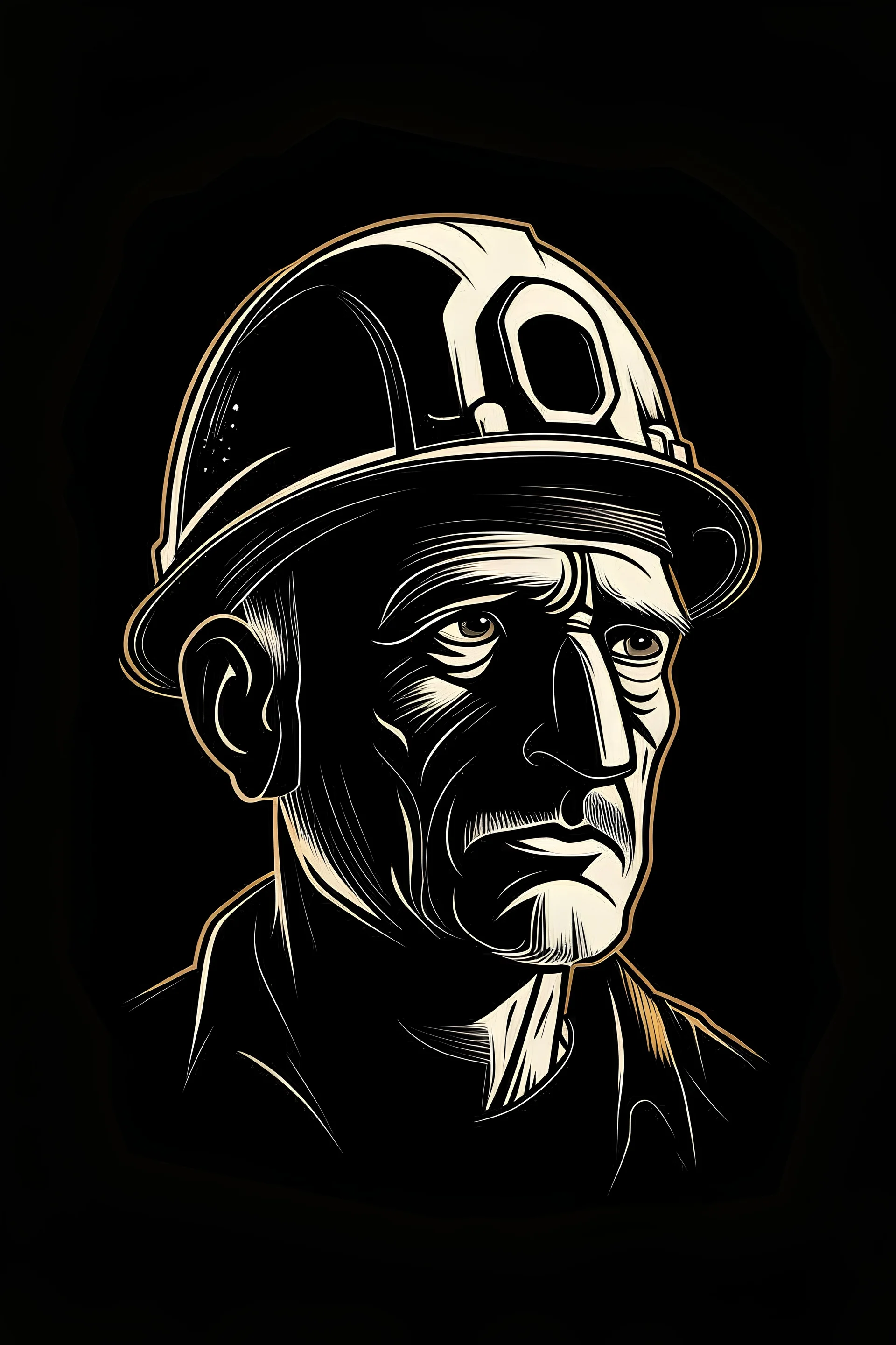 minimalist, primitive art coal miner portrait as icon for an app or logotype. A little tired, A little dirty. He keeps a vertical hack besides his right shoulder. He wears а headpiece with a headlight