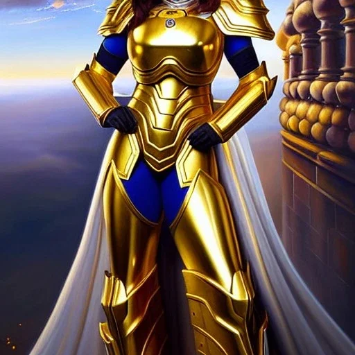 ultra detailed fullbody Portrait in oil on canvas of a beautiful busty woman with Saint Seya Gold piscis armor with helmet,extremely detailed digital painting, extremely detailed face,crystal clear Big eyes, mystical colors ,perfectly centered image, perfect composition,rim light, beautiful lighting,8k, stunning scene,extremely sharp detail,finely tuned detail, ultra high definition raytracing, in the style of robert e howard and pablo oliveira and Ken Kelley and Ohrai Noriyoshi and Simon Bisle