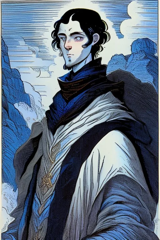 young black haired blue eyed wizard in the style of dore