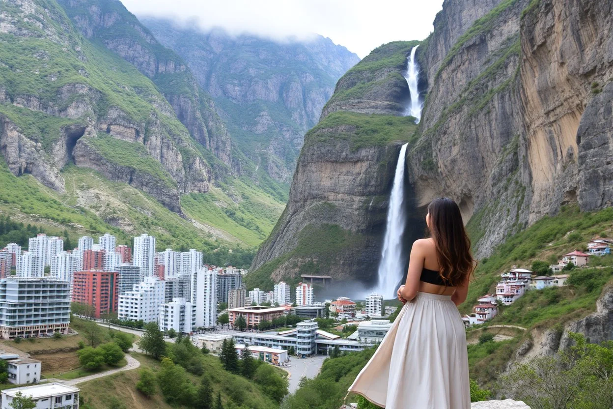 A modern city at the foot of the mountain. The entrance valley with a waterfall from a high rock. A beautiful lady in a top and midi skirt.