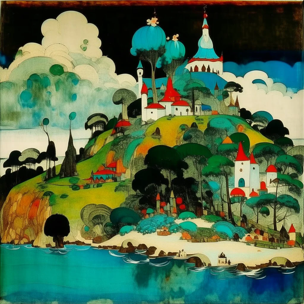 A turquoise island near a seaside designed in Javanese shadow puppets painted by Wassily Kandinsky