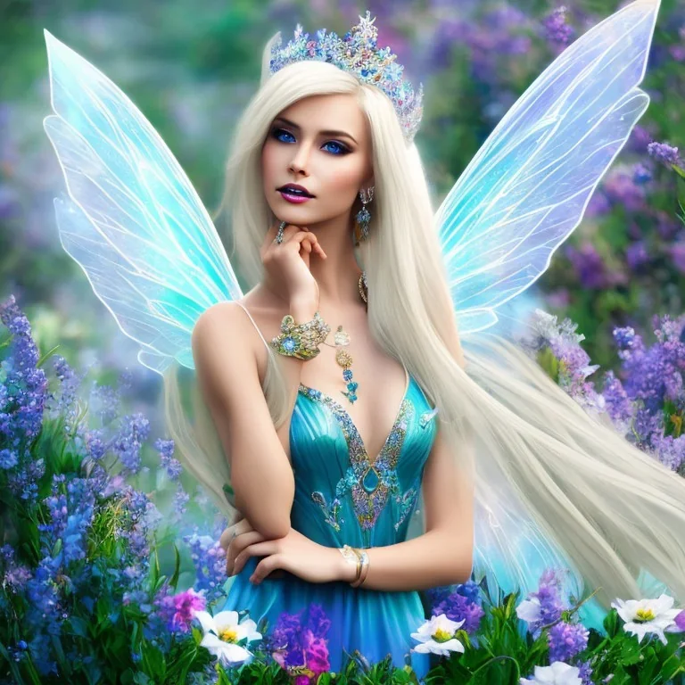 Fantasy fairy with transparent wings, smiling, make up, long platinum blond hair with crown and flowers, blue dress, flower background