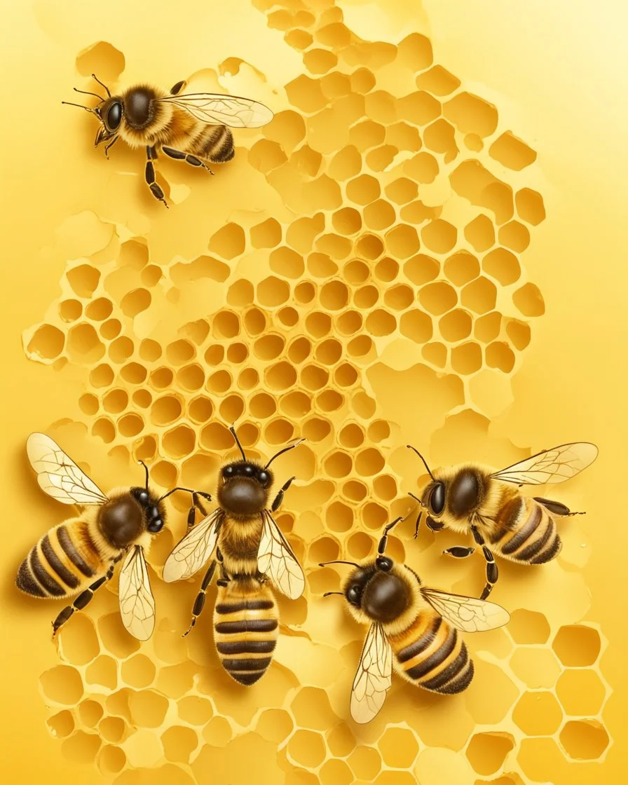 bees flutter over the hive, behind there is a honey yellow background and honeycombs