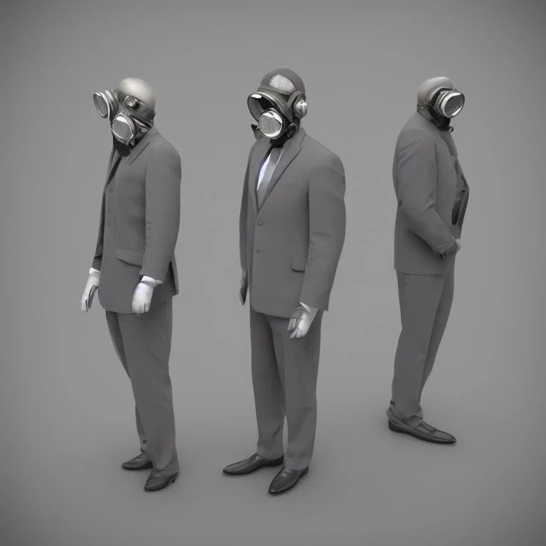 3d view, hommes en costume gris, masque à gaz, 4k, réaliste