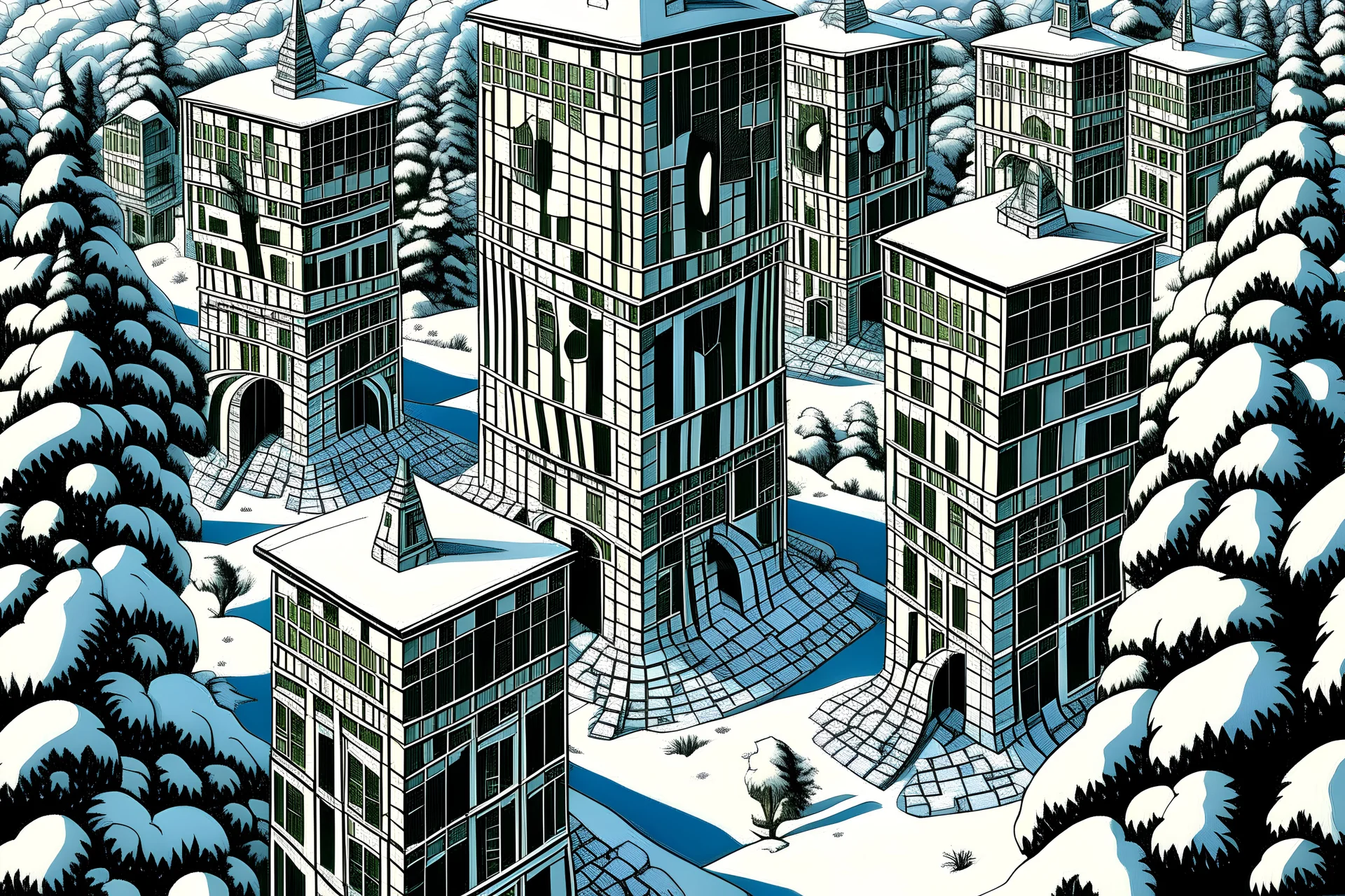 Towers covered in snow painted by MC Escher