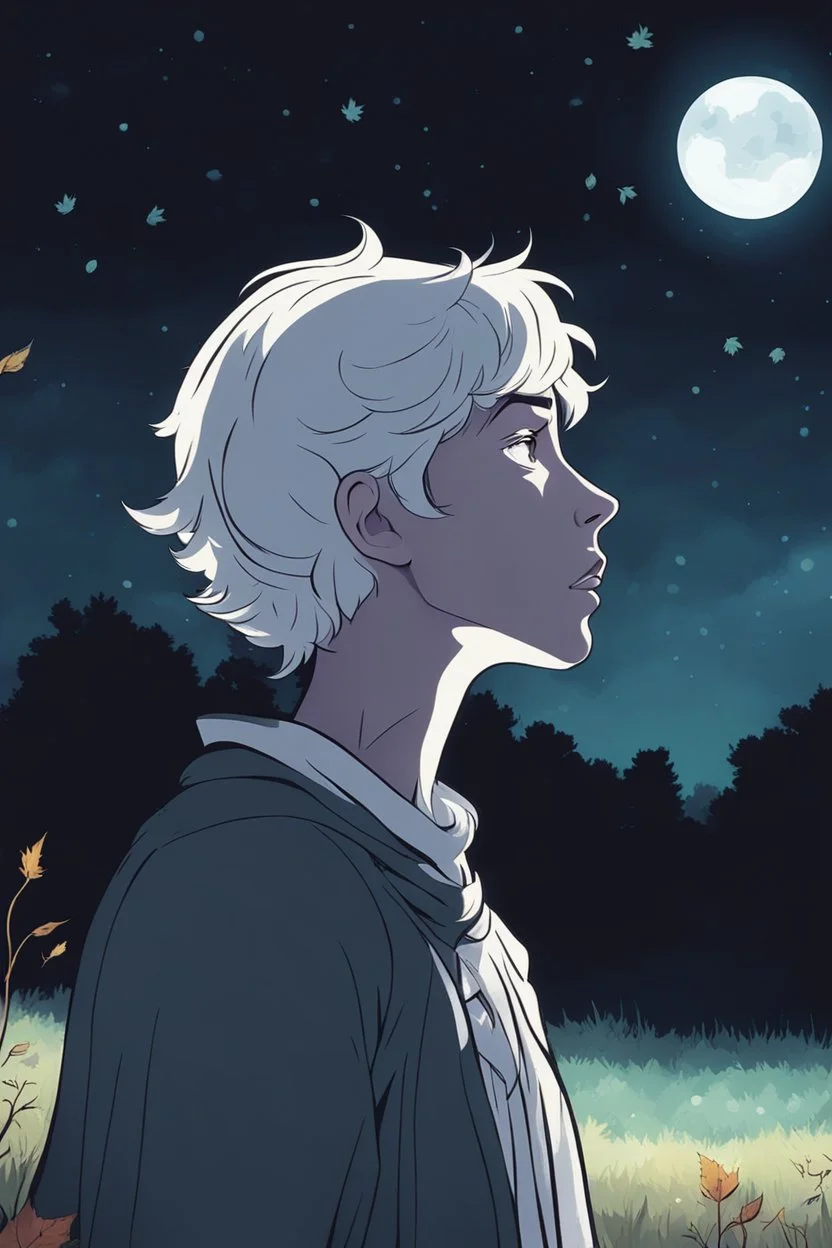 one non-binary person looking up to a tall ethereal person in a pasture at night during fall cartoon style