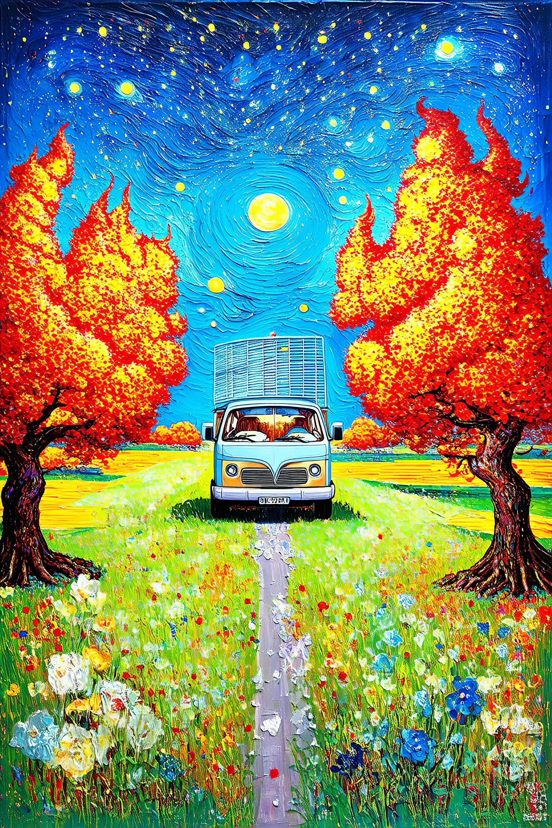 quelle horreur; a fantastical surreal pastel sparkly world exploration of the end of a civilization; a street art mashup of Philip Guston imposed upon a Van Gogh landcape.