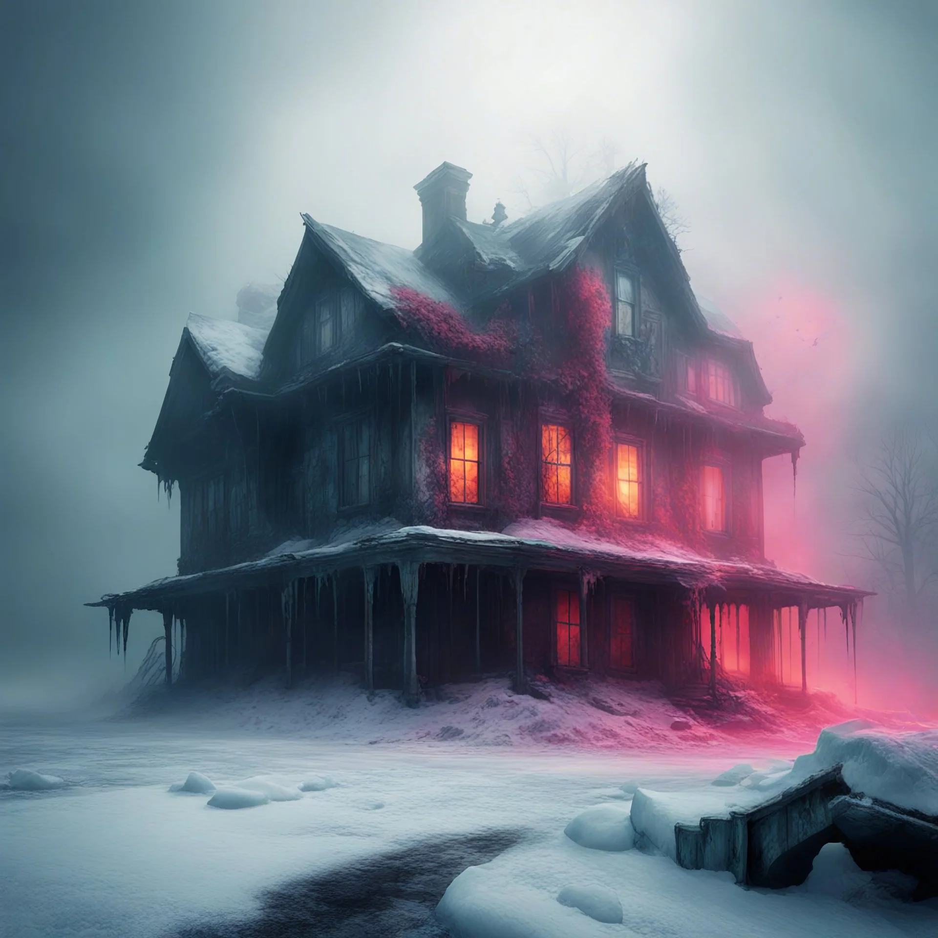 in color explosion art style, the home is abandoned, in the mist of a cold icy hell, but are you safe here or do horrors await?