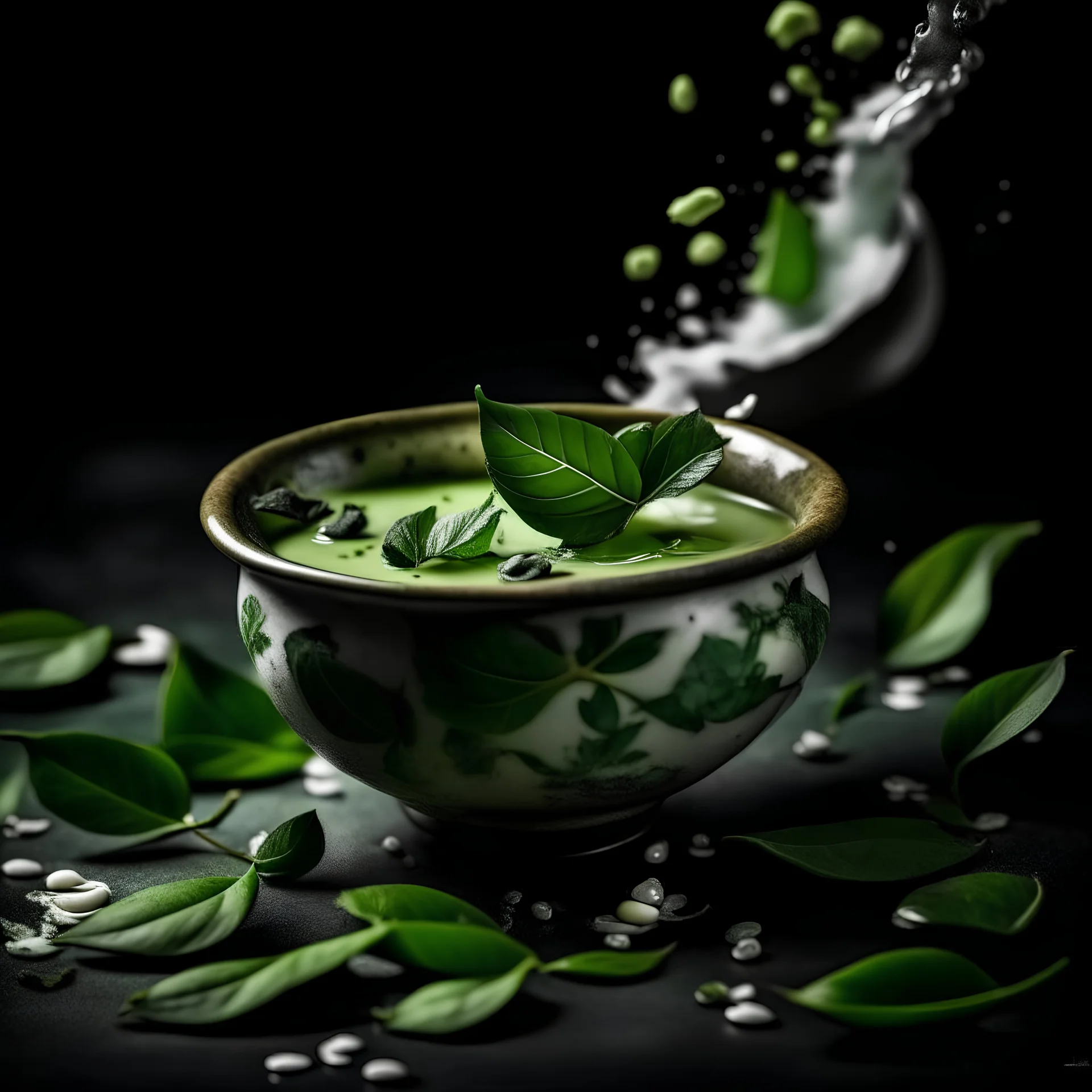 beautiful green tea leaves in a splash of cream