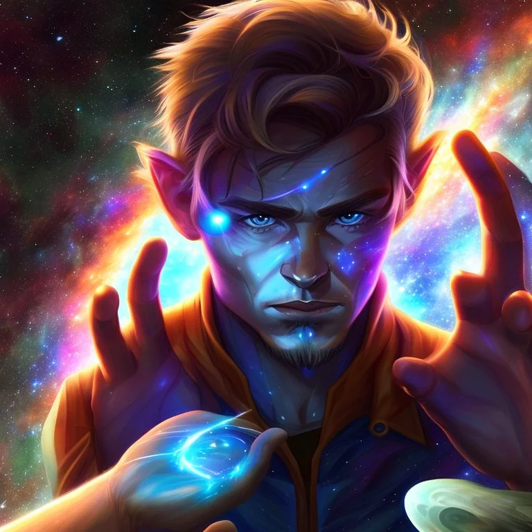 A man with determination who holds all the galaxies in his hand and stares at them