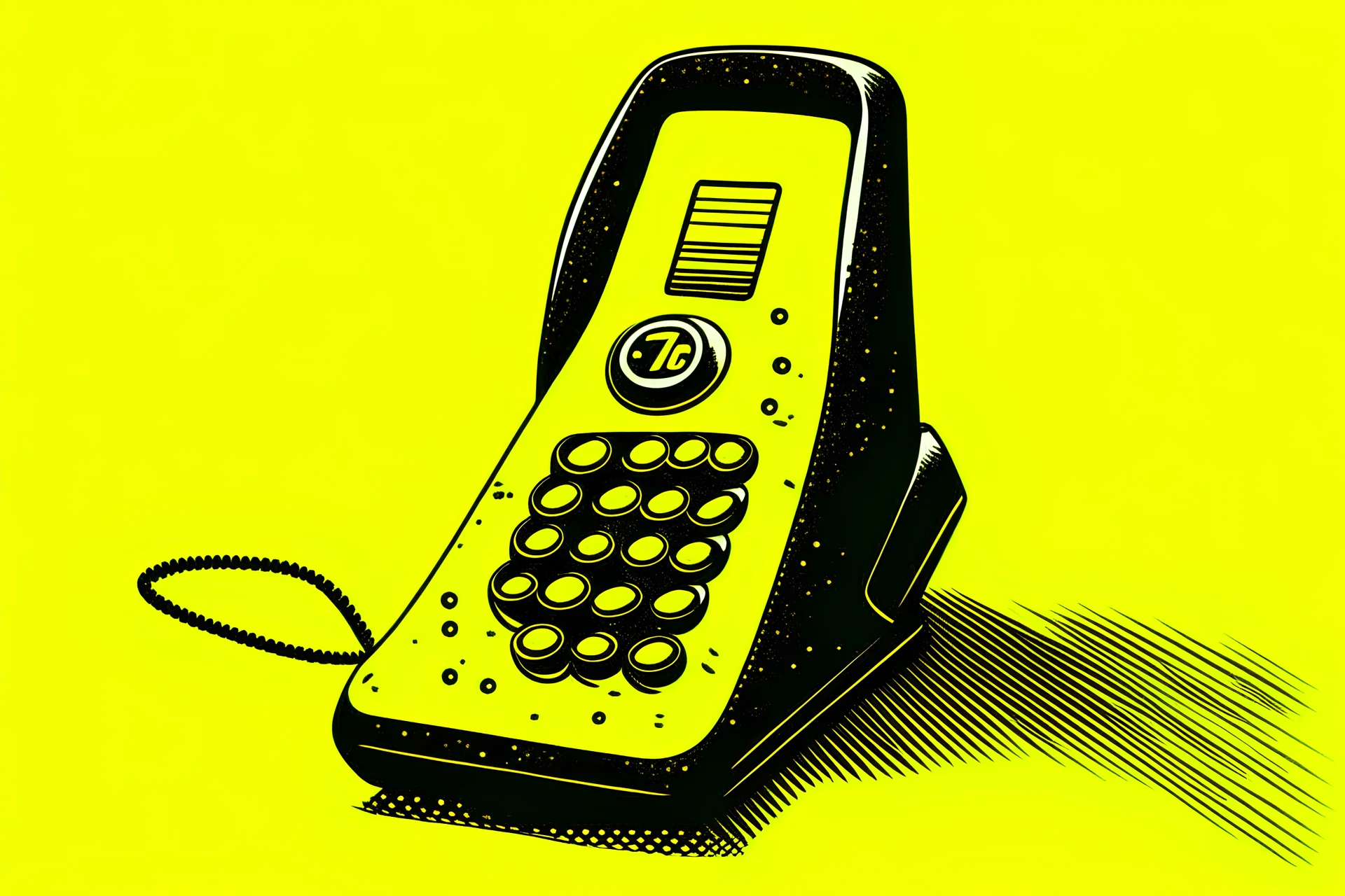 cartoon-looking vintage hand-held phone overlaid with a yellow background.