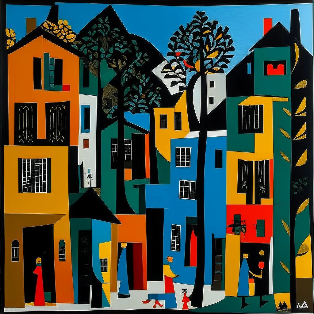 A black village in a shadow realm designed in Mexican folk art painted by Stuart Davis