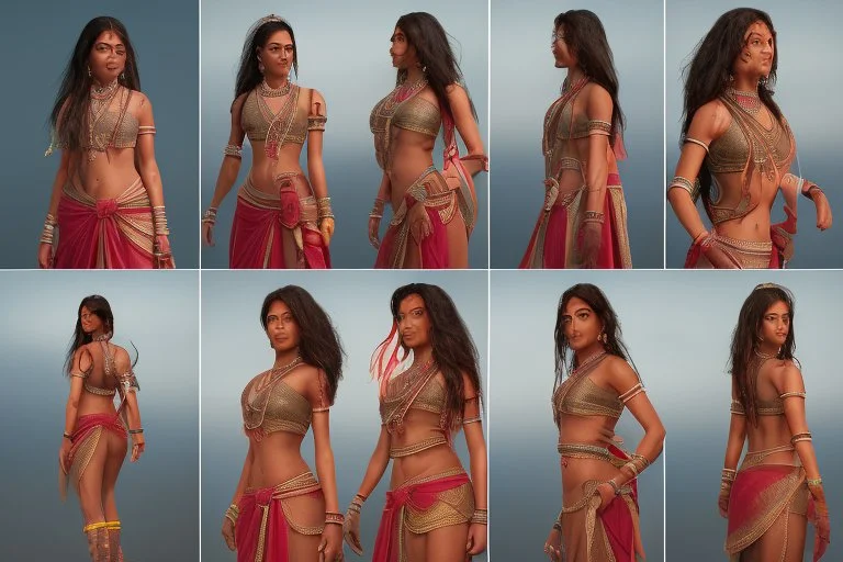 Indian Female character 19 years full anatomy Proportions of the character the head-to-body ratio . Front, Side, and Back Views: Provide multiple views of the character, including front, side, and back mode sheet .stylized animation character 8k Art station.