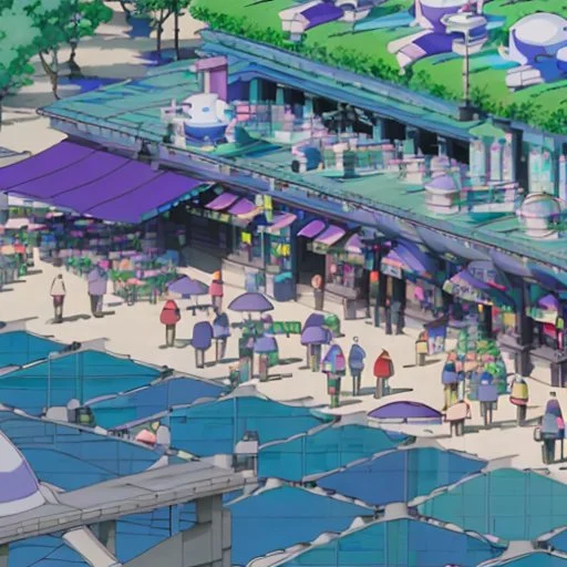 A group of people gather in a futuristic plaza, surrounded by towering skyscrapers and holographic advertisements. The plaza is filled with blue and purple light, and flying vehicles can be seen in the background.