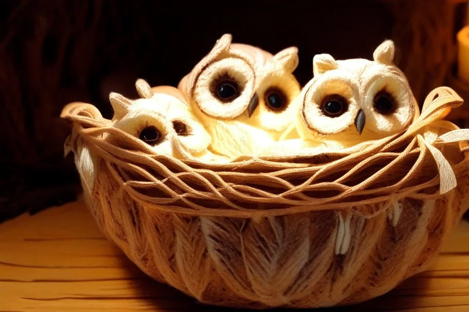 Cute stuffed owls lie in a carved basket on a soft sling, by candlelight