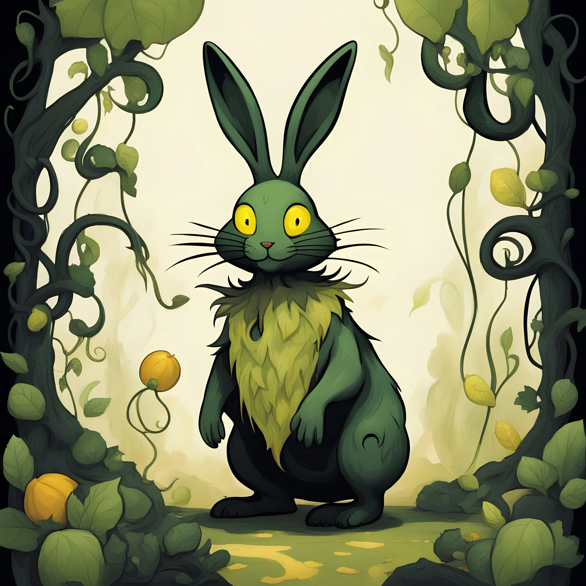 Bipedal creature resembling a Rabbit with bright green fur and yellow eyes surrounded by black and a long vine that ends in a leaf growing from it's head, background gourd garden in cartoon art style