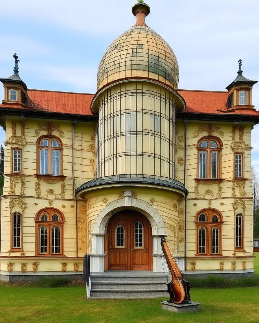 A giant mansion that's shaped like a violin painted by Edvard Munch