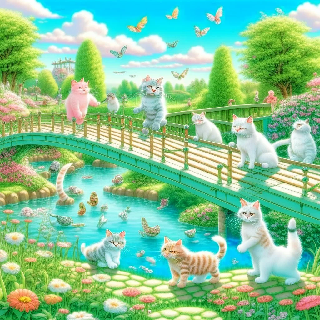 in the center: beautiful chunky cats dancing on a bridge , background: landscape, first plan: pink flowers and a small river with blue water, sky: white clouds with more cats sitting on them