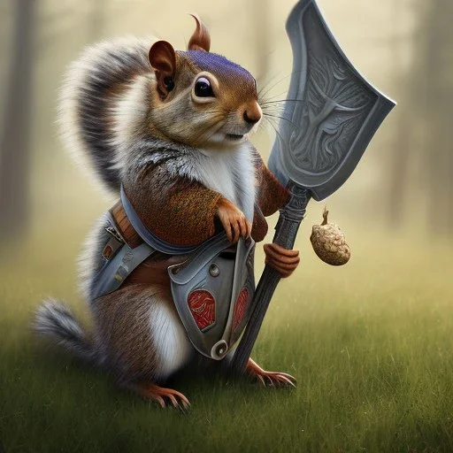 highly detailed and realistic squirrel, dressed as a medival soilder with sword and shield, guarding his nuts high detail, realism, vibrant colours, graffiti accents, complementary colours, splash art, perfect composition, beautiful detailed intricate insanely detailed octane render trending on artstation, 8 k artistic photography, photorealistic concept art, soft natural volumetric cinematic perfect light, chiaroscuro, award - winning photograph, masterpiece, oil on canvas, raphael, caravaggio