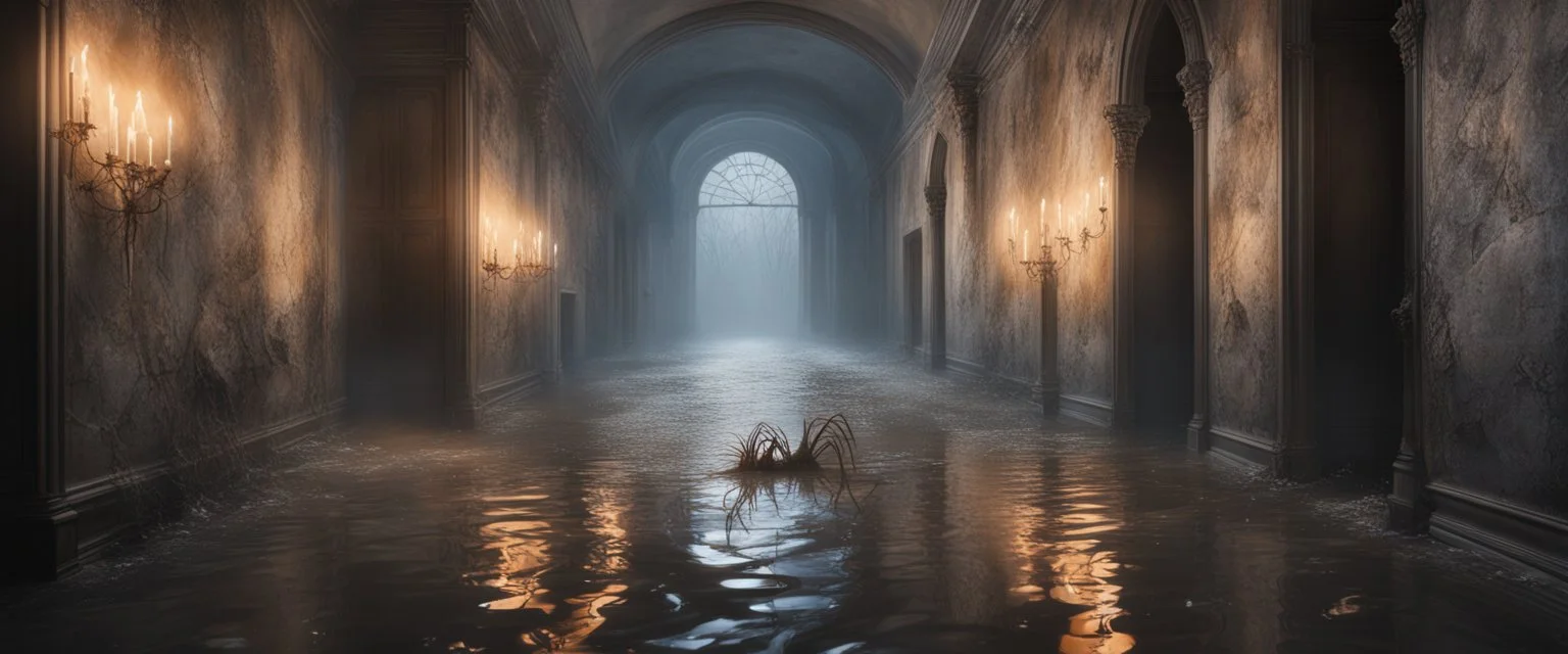 Hyper Realistic flood water inside a haunted hallway of a huge castle with flame torches on wall & spider cobwebs