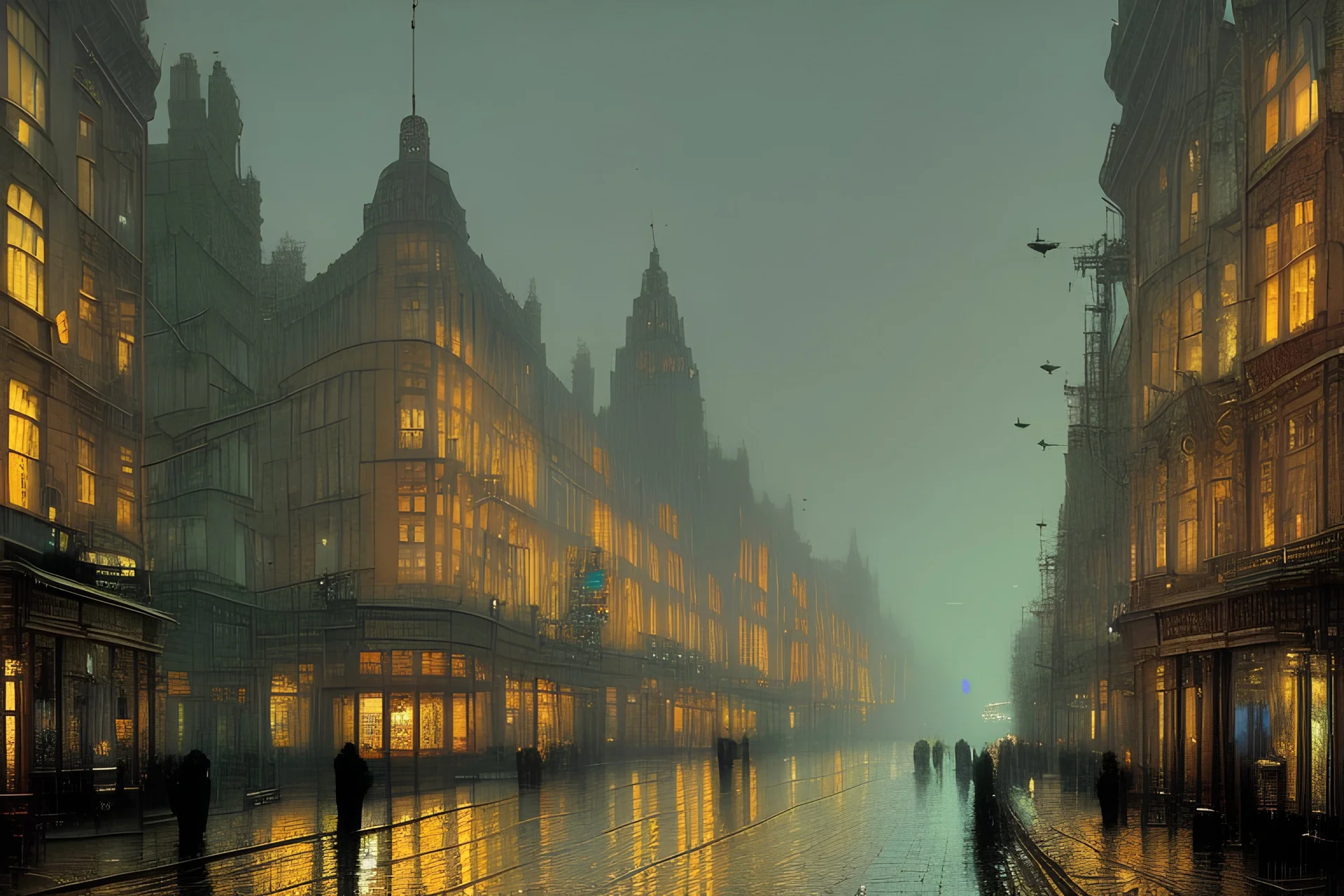 London street, style John Atkinson Grimshaw