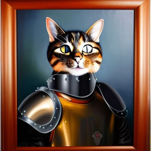 Oil on canvas portrait of a cat with armor Rembramdt style 8k