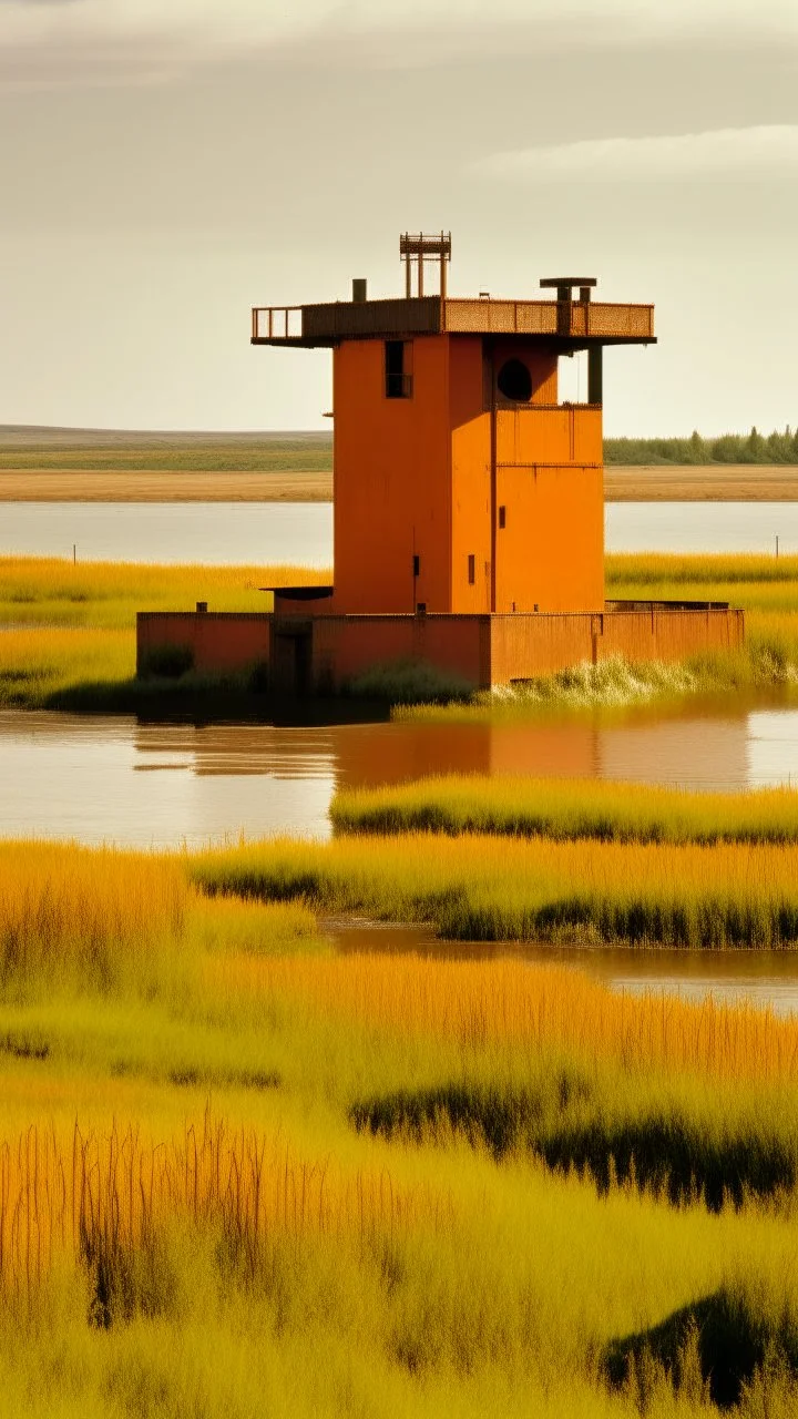An orange colored marshland near an iron fortress painted by Frank Lloyd Wright