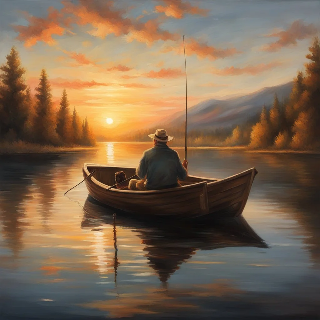 old man fishing in a rowboat with his dog sitting in the front seat, fishing pole, lake, sunset, setting sun glare, reflective, moody, nostalgic, cabin, matte oil painting, medium brush strokes, masterpiece