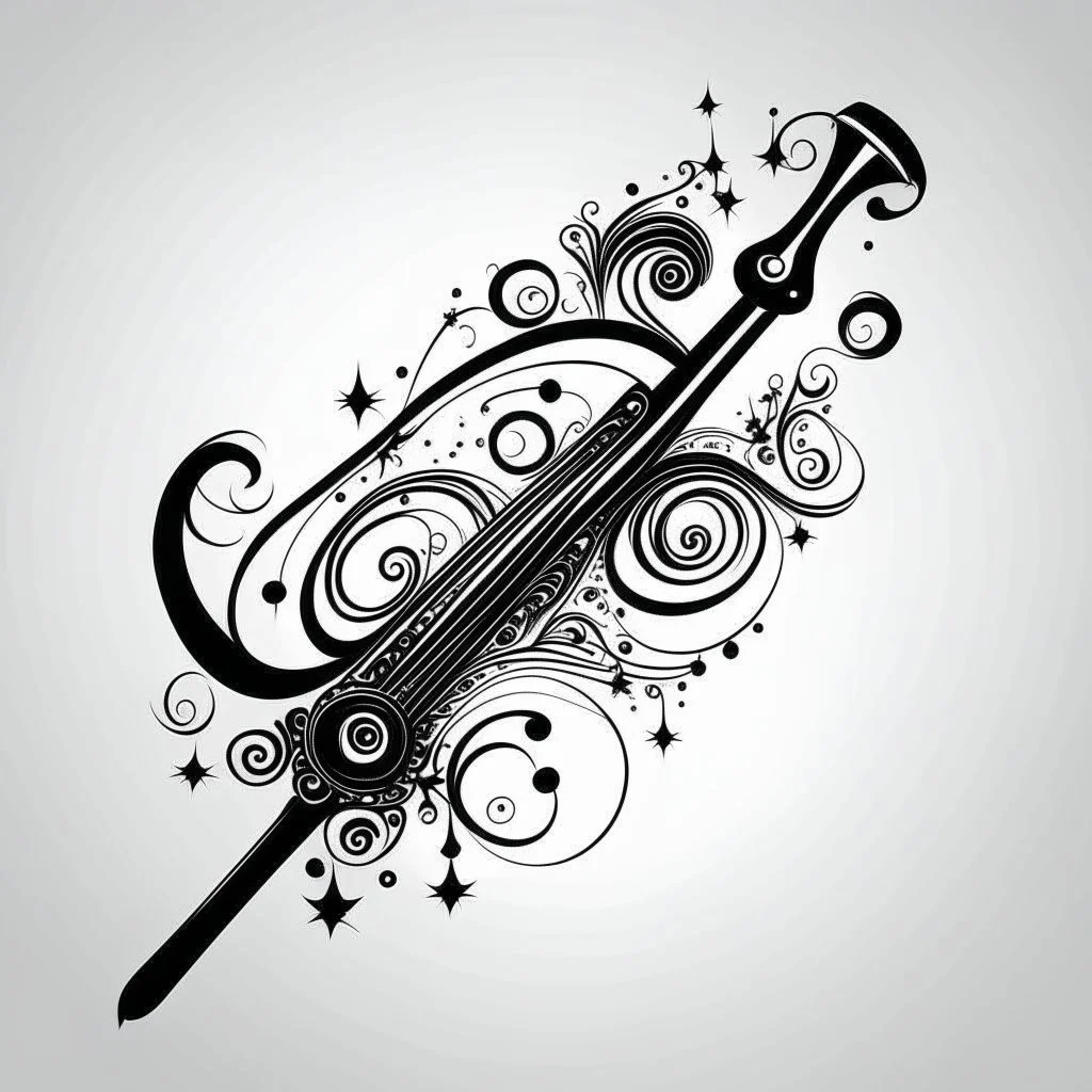 Make black and white cute drawing of a Magic Wand with black bold lines. Only outline, no grayscale. A slender wand with swirling stars and sparkles shooting from its tip. Decorate it with intricate carvings or a glowing crystal at the end. Place it against a soft magical background with shimmering lights.