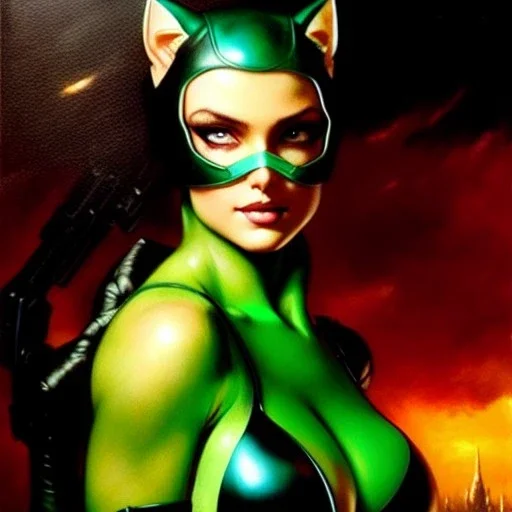 portrait 'beautiful Sexy Busty CatWoman',crystal clear green eyes,painting by gaston bussiere, greg rutkowski, yoji shinkawa, yoshitaka amano, tsutomu nihei, donato giancola, tim hildebrandt, oil on canvas, cinematic composition, extreme detail,fit full head inside picture,32k