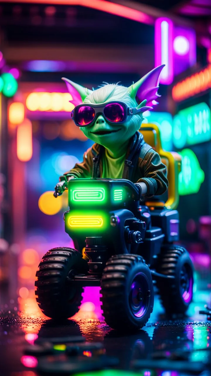 portrait of ghost Gremlin myth buster pimp ninja yoga cyber punk in flying hipster lawn tractor parked in dark neon lit reflective wet arcade hall tunnel,bokeh like f/0.8, tilt-shift lens 8k, high detail, smooth render, down-light, unreal engine, prize winning