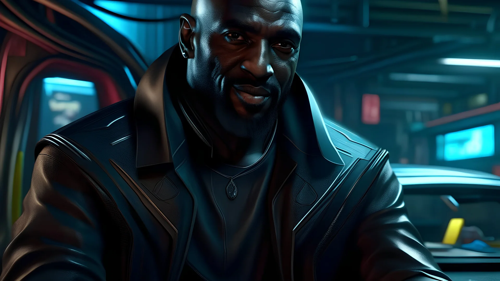 create a stunning & realistic Photo of idris elba in a Cyberpunk 2077 Phantom Liberty