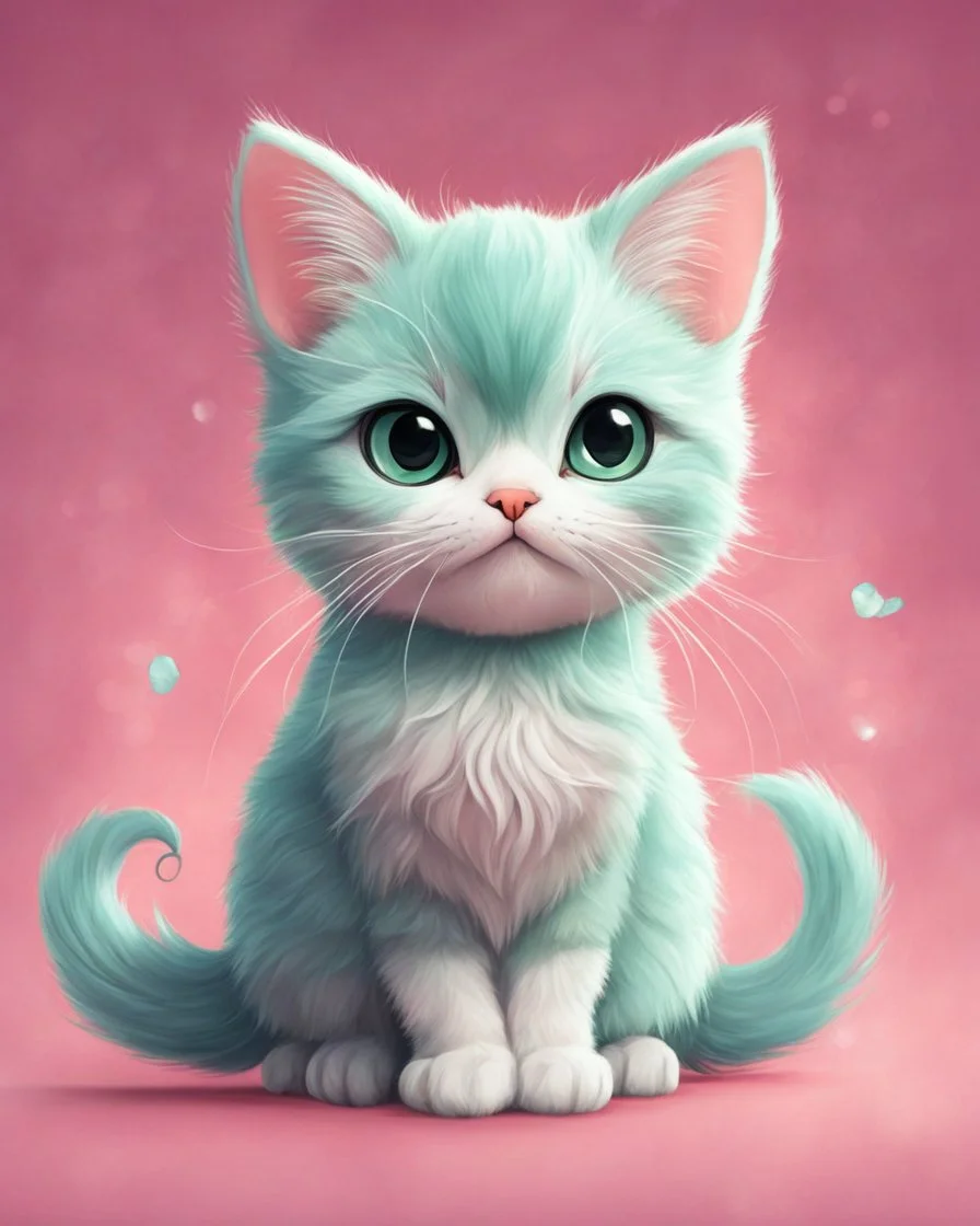 A delightful and adorable cartoon illustration featuring a cute mint-colored cat against a charming pink background, (delightful illustration:1.4), (adorable cartoon cat:1.5), (charming pink background:1.3), (expressive mint hues:1.2), inspired by the styles of cute cartoon artists, trending on ArtStation, Intricate, Sharp focus, vibrant lighting, (whimsical:1.4), (playful ambiance:1.3), (lush fur details:1.5), Cartoon, Masterful, Captivating, High Detail, Cinematic view