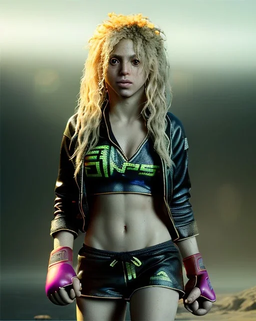 portrait, Shakira, blonde artist, angry, Realistic image, MMA robe, hoodie, mma gloves, loose long hair, eyes make up, gold make up, moisture, sweat, fog, Neon colors, leds. Dark background, photo studio, concept art, smooth, unreal engine 5, god lights, ray tracing, RTX, lumen lighting, ultra detail, volumetric lighting, 3d, finely drawn, high definition, 4k.