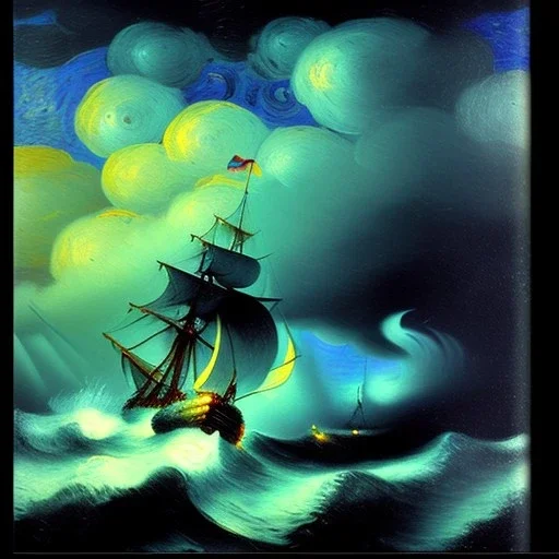 Dibujo al oleo de un Viejo Galeón Pirata navegando en la tormenta, lighting, con nubes estilo Vincent van Gogh 8k