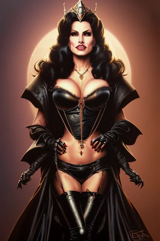 painting of lisa ann as evil queen in black leather, feminie, angry, stern look on her face, volouptous, busty, cleavage, emperious, mature, highly detailed, digital painting, artstation, concept art, smooth, sharp focus, illustration, art by gaston bussiere and alphonse mucha