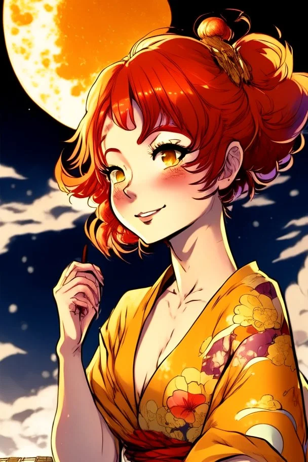 (Asian), short hair, fiery red hair hair, normal hands yukata, yellow clothes, 8k, best quality, winking, very dark night time, lighting from moon yellow moon, perfect, masterpiece, anime style, cartoon style,