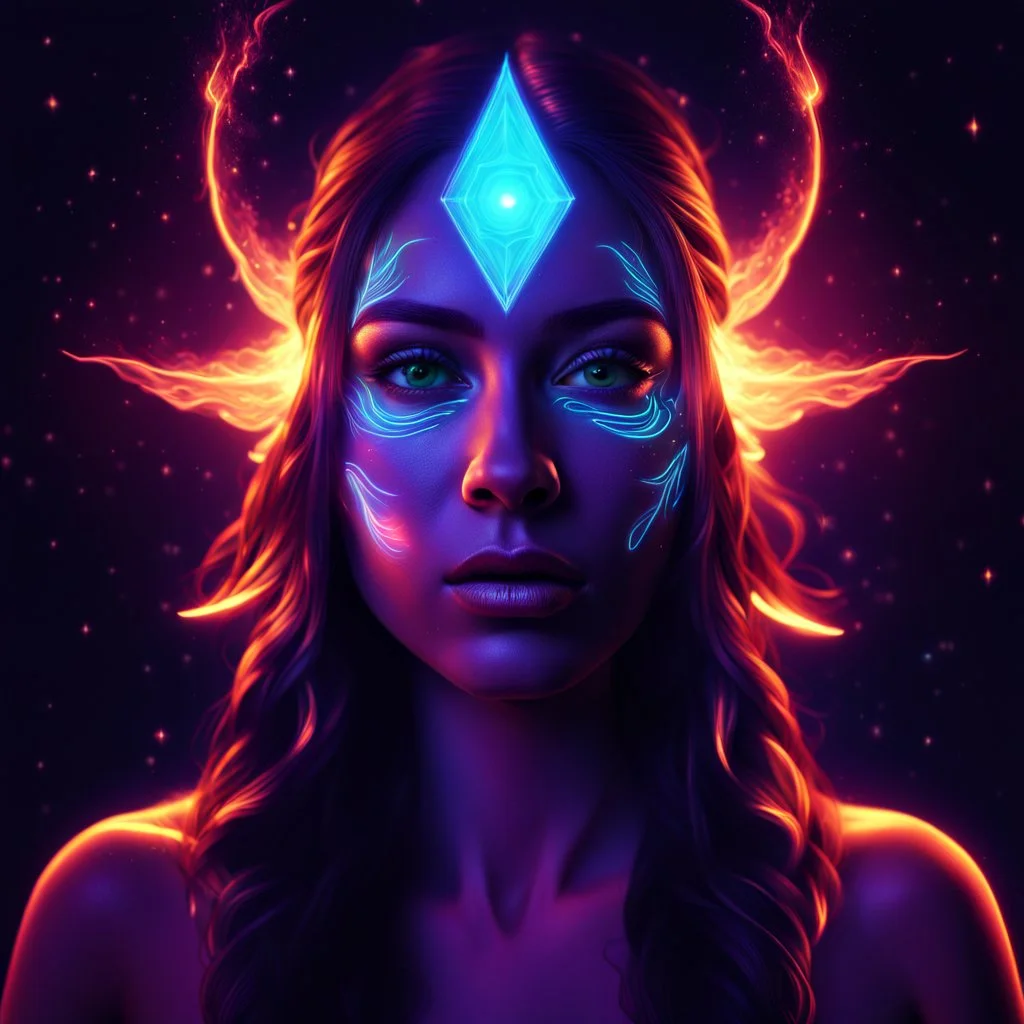 Cosmic dream face, woman, neon, abstract, amazing shadow and lightning, 4k, cinematic, glowing eyes, cosmic, face, dream, space, stars, amazing, art, glowing, fire, fantasy, crazy, ultimate, club, insane, hippie, indian