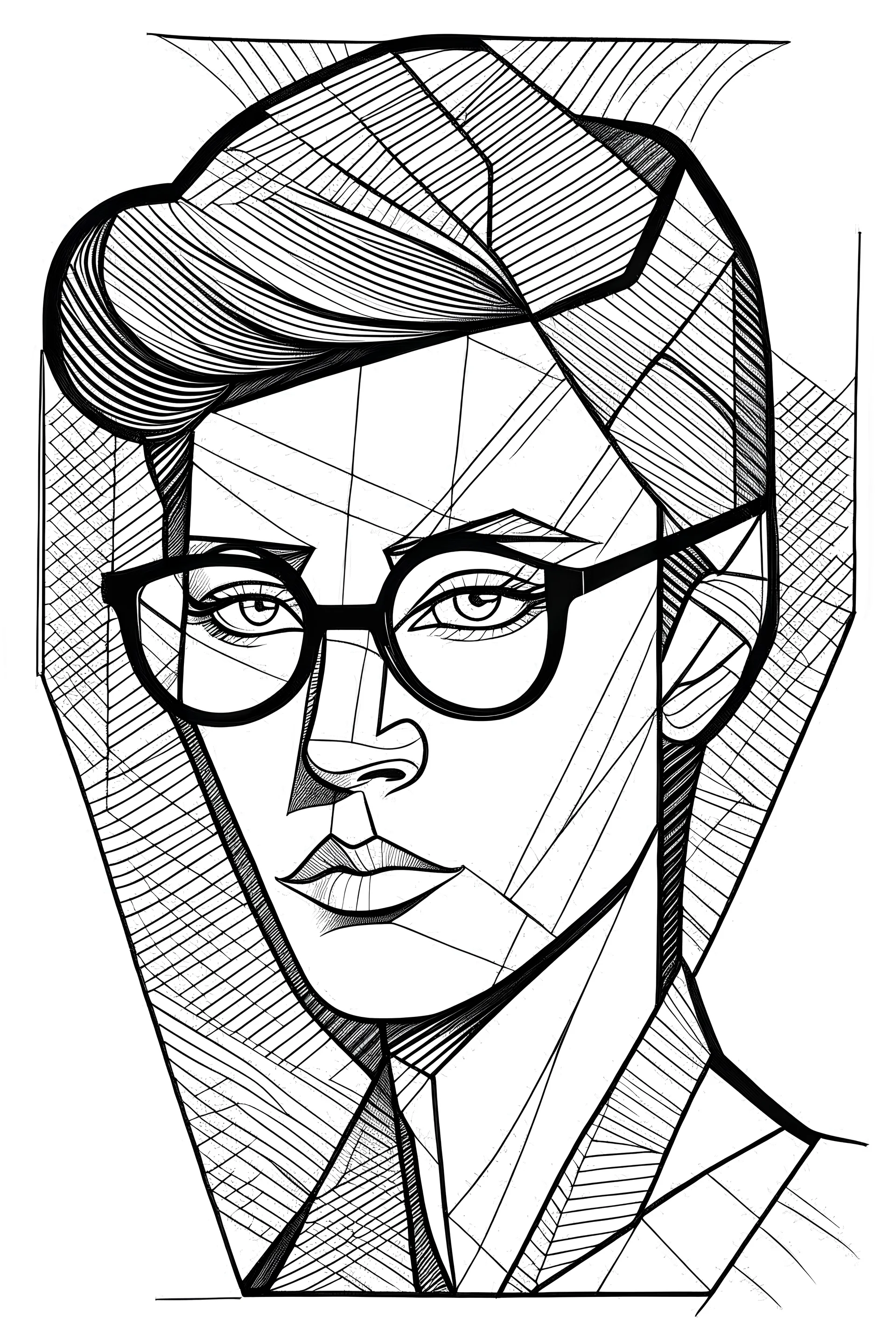 Cubist Line drawing of a lady with glasses triangular